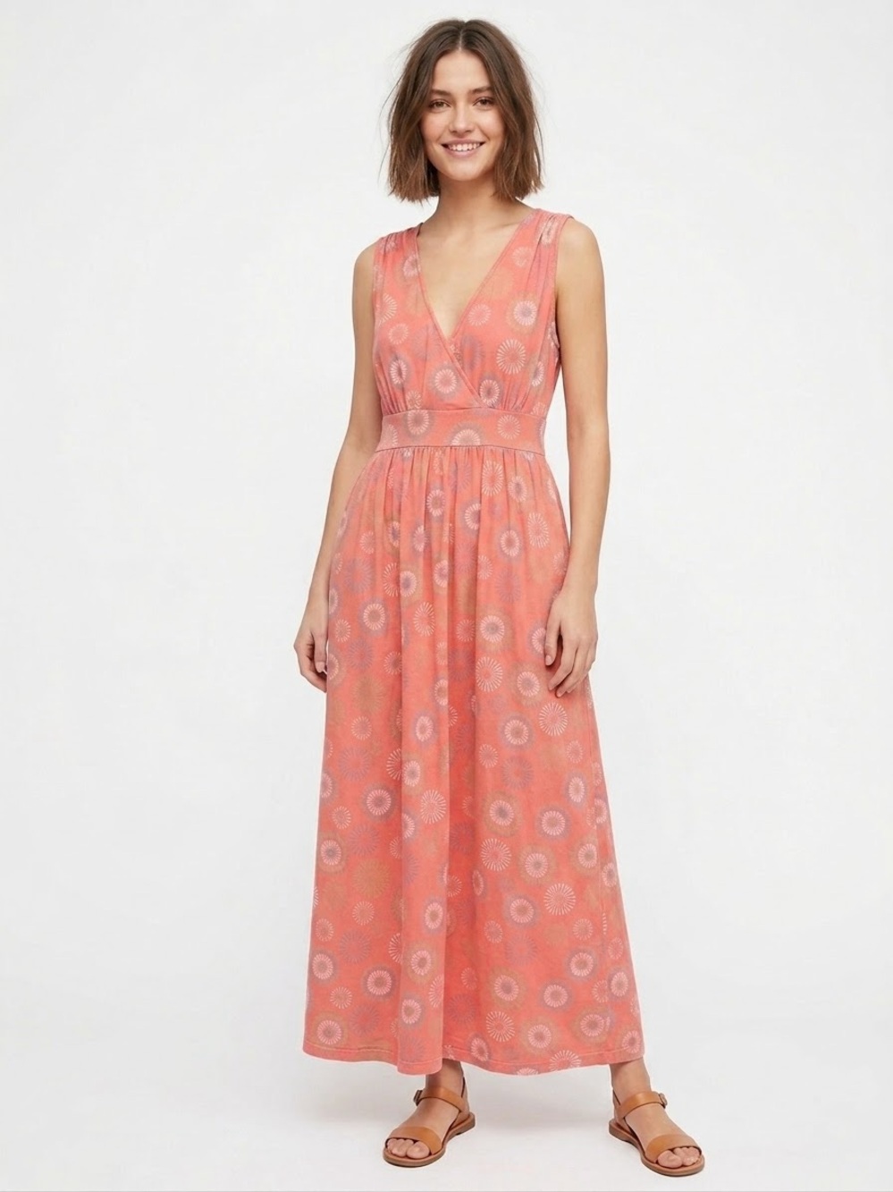 90’s Sleeveless Coral Printed V-Neck Maxi Dress